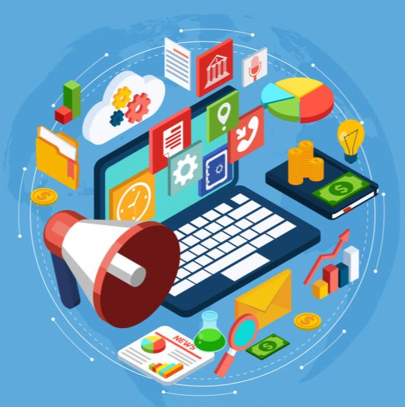 Startup isometric concept with 3d notebook and digital marketing symbols vector illustration