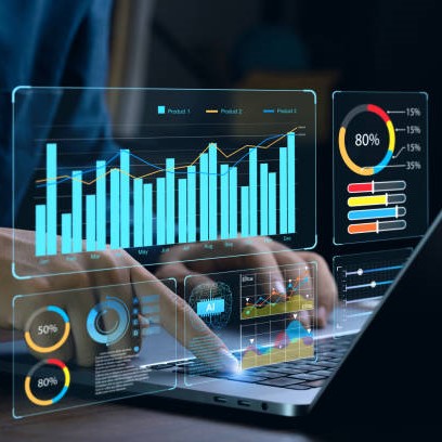 Businessman works on laptop Showing business analytics dashboard with charts, metrics, and KPI to analyze performance and create insight reports for operations management. Data analysis concept.Ai